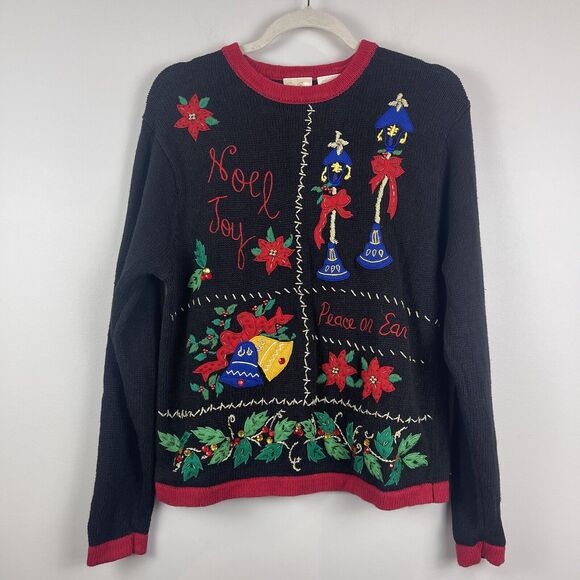 Vtg Bobbie Brooks Sweater Sz L Black Knit Christmas Pullover Embellished Festive - Picture 1 of 8